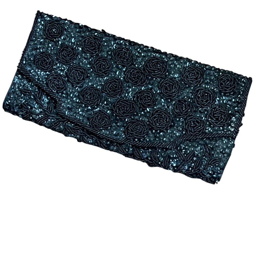 Vintage Richere Made in Hong Kong Black Beaded Roses Evening bag